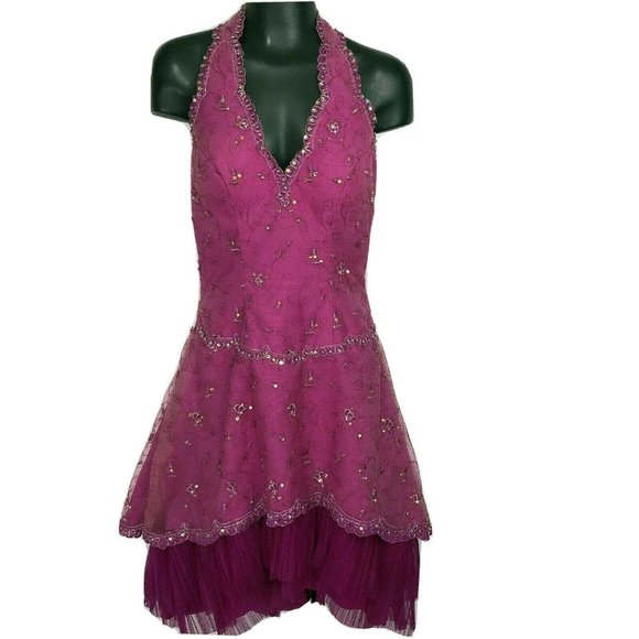 Formal Dress Posh Precious Womens 4 Magenta Beads Junior Halter Convert Skirt - Picture 4 of 11